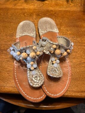 Jack Rogers Taupe Beaded T-Strap Sandals with Cream Beads